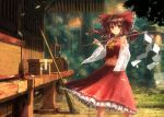  1girl bare_shoulders bow broom brown_eyes brown_hair detached_sleeves gohei hair_bow hair_tubes hakurei_reimu navel skirt solo touhou yoshitake 