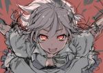  1girl izayoi_sakuya looking_at_viewer lowres open_mouth red_background simple_background smile solo spanking_momoko touhou 