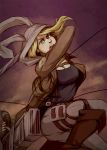  1girl adventure_time animal_hood blonde_hair blue_eyes boots breasts bunny_hood cable cleavage cropped_jacket dual_wielding fionna hood knee_boots open_mouth shingeki_no_kyojin simonadventure solo sword thigh_strap three-dimensional_maneuver_gear weapon 