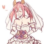  1girl animal_ears bare_shoulders blush bouquet breasts bridal_veil caster_(fate/extra) cleavage closed_eyes dress elbow_gloves fate/extra fate_(series) flower fox_ears gloves heart long_hair lowres pink_hair simonadventure solo spoken_heart twintails veil wedding_dress 