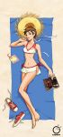  1girl arnold_tsang barefoot bikini bikini_skirt book brown_eyes brown_hair drink hat headband highres kasugano_sakura lips midriff navel official_art shoes shoes_removed short_hair solo straw_hat street_fighter swimsuit towel udon_entertainment 