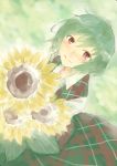  1girl blush flower green_hair highres holding holding_flower kazami_yuuka pino_(birthdayparty) red_eyes short_hair skirt skirt_set solo sunflower touhou 
