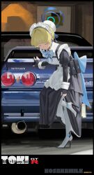  1girl absurdres apron black_dress blonde_hair blue_archive blue_bow blue_bowtie blue_halo boots bow bowtie bun_cover car character_name closed_eyes commentary dress fingerless_gloves frilled_apron frills gloves hair_bun halo high_heel_boots high_heels highres layered_dress maid maid_apron motor_vehicle nissan nissan_skyline nissan_skyline_gt-r niunaigaoban single_hair_bun solo symbol-only_commentary toki_(blue_archive) white_apron 