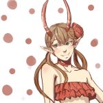  1girl antlers bare_shoulders brown_hair c_(control) choker flat_chest flower frills green_eyes grin hair_flower hair_ornament horns long_hair lowres mashu_(control) midriff pointy_ears polka_dot polka_dot_background simonadventure smile solo tubetop twintails 