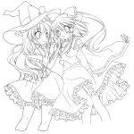  2girls an_natsuki bow detached_sleeves hair_bow hakurei_reimu hat highres holding_hands kirisame_marisa lineart long_hair looking_at_viewer midriff monochrome multiple_girls navel open_mouth smile touhou witch_hat 