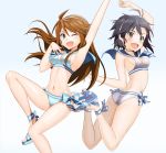  2girls absurdres antenna_hair armpits ass bikini black_eyes black_hair blue_eyes breasts brown_hair cleavage headphones headset highres idolmaster idolmaster_million_live! jumping kikuchi_makoto microphone multiple_girls navel open_mouth ribbon sailor_swimsuit_(idolmaster) sandals sideboob swimsuit takahirokun tokoro_megumi wink 