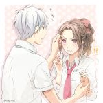 1boy 1girl beelzebub_(manga) blush brown_hair furuichi_takayuki hoshiimo_(ptm2) lowres necktie oomori_nene ribbon school_uniform silver_hair violet_eyes 