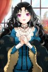  1girl black_hair breasts curly_hair curtains dress hands_clasped long_hair open_mouth smile solo sword_girls ubina very_long_hair violet_eyes window 