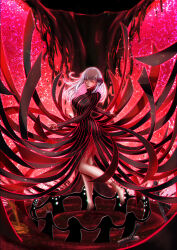  1girl bare_legs black_dress breasts commentary_request corruption dark_sakura dress fate/stay_night fate_(series) hair_ribbon heaven&#039;s_feel highres large_breasts long_hair looking_at_viewer matou_sakura open_mouth red_background red_eyes red_ribbon ribbon shadow_(fate/stay_night) smile thirukin white_hair 