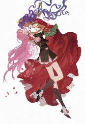  2girls dark-skinned_female dark_skin dress epaulettes falling_petals flower highres himemiya_anthy holding long_hair multiple_girls petals pink_hair purple_hair red_dress rose shoujo_kakumei_utena simple_background sword tenjou_utena weapon white_background ye_(ran_chiiipye) 