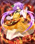  1girl artist_name barefoot biwa_lute chain flower hair_ornament highres instrument long_hair lute_(instrument) mirror_(xilu4) musical_note open_mouth purple_hair solo touhou tsukumo_benben twintails violet_eyes 