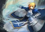  1girl ahoge armor armored_dress blonde_hair fate/stay_night fate_(series) faulds gauntlets green_eyes hair_ribbon invisible_air ld_(bearbellld) open_mouth ribbon saber short_hair solo sword weapon wind 