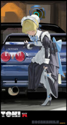  1girl absurdres apron black_dress blonde_hair blue_archive blue_bow blue_bowtie blue_halo boots bow bowtie bun_cover car character_name closed_eyes commentary dress fingerless_gloves frilled_apron frills gloves hair_bun halo high_heel_boots high_heels highres layered_dress maid maid_apron motor_vehicle nissan nissan_skyline nissan_skyline_gt-r nissan_skyline_r32 niunaigaoban single_hair_bun solo symbol-only_commentary toki_(blue_archive) white_apron 
