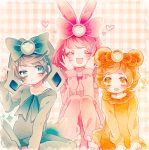  1girl 2boys :d animal_costume blue_hair blush brother_and_sister checkered checkered_background closed_eyes dokidoki!_precure hands_on_own_cheeks hands_on_own_face highres humanization multiple_boys open_mouth orange_hair pink_hair precure rakeru_(dokidoki!_precure) rance_(dokidoki!_precure) sharuru_(dokidoki!_precure) siblings sitting smile yuucho_(cololal) 