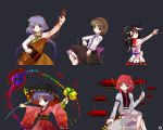  1girl 5girls alphes_(style) biwa_lute black_hair bow bowl brown_eyes brown_hair double_dealing_character drum drumsticks flower hair_ornament hairband highres horikawa_raiko horns instrument jacket japanese_clothes kaoru_(gensou_yuugen-an) kijin_seija long_hair lute_(instrument) mallet multicolored_hair multiple_girls musical_note necktie obi parody purple_hair red_eyes redhead short_hair skirt smile solo style_parody sukuna_shinmyoumaru tongue tongue_out touhou tsukumo_benben tsukumo_yatsuhashi twintails violet_eyes white_hair 