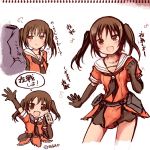  1girl black_gloves blush brown_hair chibi collage elbow_gloves gloves kantai_collection long_hair open_mouth sailor_collar sendai_(kantai_collection) shinryou_rei skirt smile translation_request two_side_up 