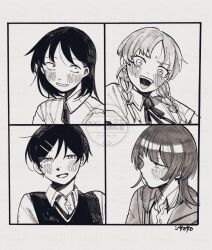  4girls :d blush braid collared_shirt commentary_request dress_shirt fujii_ayame futsuu_no_keion-bu greyscale hair_ornament hairpin hatono_chihiro heartbreak_(futsuu_no_keion-bu) highres hood hooded_jacket jacket kouyama_rin long_hair marker_(medium) mole mole_under_eye monochrome multiple_girls neck_ribbon nikujaga_like open_clothes open_jacket parted_bangs pen_(medium) pixie_cut portrait ribbon school_uniform shirt short_hair short_sleeves signature smile sweater_vest traditional_media twin_braids uchida_momo watermark wolf_cut 