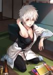  1girl book breasts cleavage genderswap gintama japanese_clothes masa_ashe red_eyes sakata_gintoki silver_hair solo white_hair 