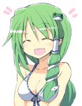  1girl ^_^ bikini_top blush breasts closed_eyes frog_hair_ornament green_hair hair_ornament kochiya_sanae long_hair open_mouth satou_kibi simple_background snake_hair_ornament touhou white_background 