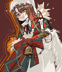  1boy bell bow bowtie brown_background brown_eyes brown_hair candle christmas_nightmare_(e.g.o) collared_shirt e.g.o_(project_moon) facial_hair fur-trimmed_shawl fur_trim green_shawl gregor_(project_moon) hat highres holding holding_candle limbus_company long_hair looking_at_viewer male_focus plaid_clothes plaid_shawl project_moon shawl shirt simple_background solo standing striped_bow striped_bowtie striped_clothes suisei0708 upper_body white_hat 