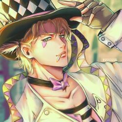  1boy adjusting_clothes adjusting_headwear artist_name black_choker black_hat blonde_hair blurry blurry_background bow bowtie caesar_anthonio_zeppeli choker cigarette collarbone commentary cylinder diamond_(shape) english_commentary fingerless_gloves gloves green_eyes grey_gloves hair_between_eyes hand_up hat henoopd highres jacket jojo_no_kimyou_na_bouken lighting_cigarette long_sleeves looking_at_viewer male_focus parted_lips portrait purple_bow purple_bowtie shirt short_hair solo white_jacket 