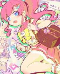  1girl ahoge bag ben-day_dots blue_eyes blush bow bracelet brown_bag commentary drink drop_shadow frilled_skirt frills from_side hair_ornament hairclip heart highres jewelry kiratto_pri_chan long_hair looking_at_viewer looking_to_the_side miniskirt momoyama_mirai no_pupils open_mouth pink_hair pink_nails pink_sailor_collar pink_skirt pleated_skirt polka_dot polka_dot_bow pretty_series running sailor_collar satsuki_suzuran screentones shirt shirt_bow short_sleeves shoulder_bag single_bare_leg skirt socks solo sparkle standing teeth thick_outlines upper_teeth_only wavy_hair wavy_sidelocks white_socks yellow_bow yellow_shirt 