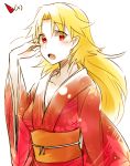  1girl alternate_costume blonde_hair blush collarbone fang floral_print hand_in_hair horn hoshiguma_yuugi japanese_clothes kimono long_hair long_sleeves looking_at_viewer no_horn obi open_mouth pointy_ears red_eyes sash simple_background six_(fnrptal1010) solo touhou very_long_hair white_background wide_sleeves yukata 