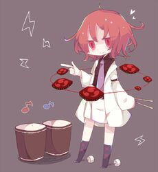  1girl cosmicmind drum drumsticks horikawa_raiko instrument lightning musical_note necktie red_eyes redhead short_hair simple_background solo touhou 