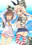  2girls blonde_hair blue_eyes brown_eyes brown_hair chestnut_mouth clouds hairband headgear inui_atsu kantai_collection machinery microskirt multiple_girls ocean open_mouth panties personification rensouhou-chan sailor_dress see-through shimakaze_(kantai_collection) skirt sky striped striped_legwear thighhighs thong underwear water wink yukikaze_(kantai_collection) 