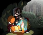  1boy :&lt; agemono bellsprout brown_hair cave charmander forest grass nature pokemon pokemon_(creature) pokemon_(game) pokemon_frlg rain red_(pokemon) short_hair sleeping 