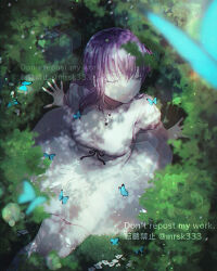  1girl blue_butterfly breasts bug bush butterfly closed_eyes commentary_request dappled_sunlight dress fate/stay_night fate_(series) heaven&#039;s_feel large_breasts long_hair matou_sakura murasaki_yuna outdoors purple_hair sitting smile solo sunlight watermark white_dress 