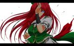 1girl blue_eyes braid breasts fighting_stance hat highres hong_meiling letterboxed long_hair nekominase redhead simple_background solo touhou twin_braids white_background 