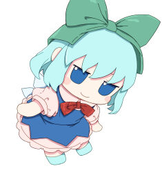  1girl absurdres blue_dress blue_eyes blue_hair blue_shoes blush_stickers bow bowtie chibi chibi_only cirno closed_mouth collared_shirt commentary_request dress green_bow hair_bow highres kame_(kamepan44231) pinafore_dress pink_shirt red_bow red_bowtie shirt shoes short_hair short_sleeves simple_background sleeveless sleeveless_dress smile solo touhou white_background 