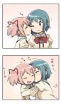  2girls blue_eyes blue_hair blush cheek_kiss hair_ornament hair_ribbon hairclip hug kaname_madoka kiss mahou_shoujo_madoka_magica miki_sayaka multiple_girls pink_hair ribbon school_uniform short_hair short_twintails twintails wink yoplait yuri 