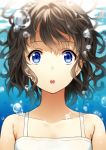  1girl black_hair blue_eyes bubble camisole highres looking_at_viewer mogumo open_mouth original short_hair solo underwater 