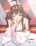  1girl ^_^ ahoge behe_(sky_13) blush brown_hair chin_rest closed_eyes cup detached_sleeves flat_chest hair_ornament hairband headgear heart japanese_clothes kantai_collection kongou_(kantai_collection) long_hair personification sitting smile solo teacup wide_sleeves 