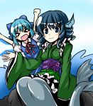  &gt;_&lt; 2girls animal_ears arms_up blue_dress blue_eyes blue_hair blush_stickers bow cirno dress hair_bow ichimi looking_at_viewer mermaid monster_girl multiple_girls open_mouth rock short_hair sitting smile touhou wakasagihime 