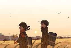  1boy 1girl ^_^ bag black_scarf closed_eyes hands_in_pockets highres long_hair maekawa_wakaba original outdoors red_scarf reeds scarf short_hair shoulder_bag signature smile sun sunset 