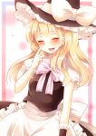  1girl aliprojectlove apron black_dress blonde_hair blush bow closed_eyes dress frame hat hat_bow kirisame_marisa long_hair open_mouth puffy_sleeves short_sleeves smile solo touhou waist_apron witch_hat wrist_cuffs 