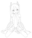  1girl belt elbow_gloves eto gloves hatsune_miku kneeling lineart long_hair looking_at_viewer miku_append monochrome navel necktie open_mouth smile solo thigh-highs twintails very_long_hair vocaloid vocaloid_append zettai_ryouiki 