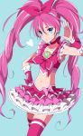 1girl blue_background blue_eyes bow braid brooch choker cure_melody frills hair_ribbon hairband houjou_hibiki itumiyuo jewelry long_hair magical_girl midriff navel pink_hair pink_legwear precure ribbon simple_background skirt smile solo sparkle suite_precure thighhighs twintails wrist_cuffs 
