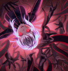  1girl black_dress breasts corruption crazy_smile dark_sakura disembodied_hand dress fate/stay_night fate_(series) glowing glowing_eyes hair_ribbon heaven&#039;s_feel highres igu-ana large_breasts long_hair matou_sakura open_mouth red_background red_eyes red_ribbon ribbon signature smile solo upside-down white_hair 