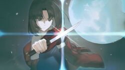  1girl absurdres black_hair blue_kimono commentary empty_eyes fighting_stance glint grey_eyes highres holding holding_knife jacket japanese_clothes kara_no_kyoukai kimono knife medium_hair moon red_jacket ryougi_shiki serious solo yuishironeko 