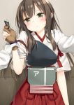  1girl :t akagi_(kantai_collection) anger_vein blush brown_eyes brown_hair gloves hand_on_another&#039;s_shoulder japanese_clothes kantai_collection long_hair looking_at_viewer muneate peko personification solo_focus sweatdrop wrist_grab 