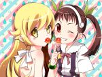  1girl 2girls black_hair blonde_hair cherry food fruit hachikuji_mayoi hairband long_hair mashimaro_(masimarodaaaa) monogatari_(series) multiple_girls nisemonogatari oshino_shinobu red_eyes twintails wink yellow_eyes 