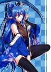  1girl blue_hair konshin long_hair orange_eyes pointy_ears ponytail solo thighhighs weapon 