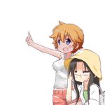  2girls bag black_hair blonde_hair blue_eyes casual glasses hat long_hair lucky_star mizushima_(p201112) multiple_girls patricia_martin short_hair tamura_hiyori 