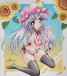  1girl adapted_costume bikini crescent flower frills hat long_hair munmu patchouli_knowledge purple_hair sitting sunflower swimsuit thighhighs touhou violet_eyes wariza 