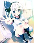  1girl blue_eyes blush buruma hairband hitodama konpaku_youmu konpaku_youmu_(ghost) morogami_ryou open_mouth ribbon shoes short_hair short_sleeves silver_hair sitting smile solo touhou volleyball 