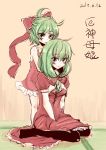  2girls ahoge child dress front_ponytail green_eyes green_hair hair_ribbon hakano_shinshi if_they_mated kagiyama_hina long_hair looking_at_viewer mother_and_daughter multiple_girls no_headwear red_dress ribbon short_hair sitting sketch smile touhou translation_request wariza 